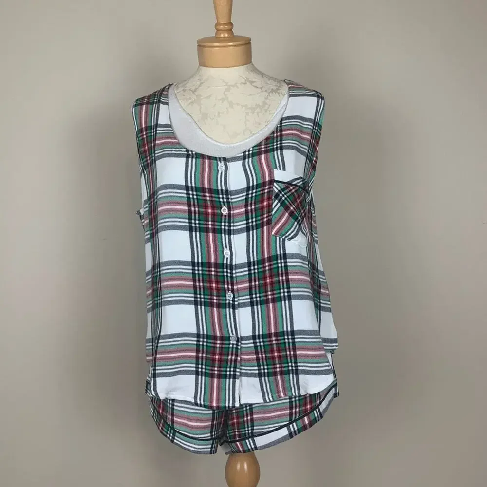 Plush Plaid Pajama Set White and Red Size Small